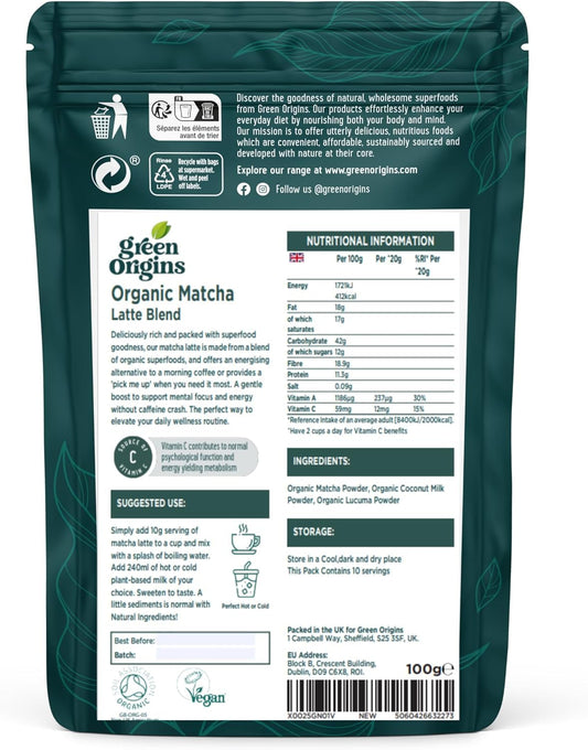 Green Origins Organic Matcha Latte Blend for Slow-release Energy & Concentration