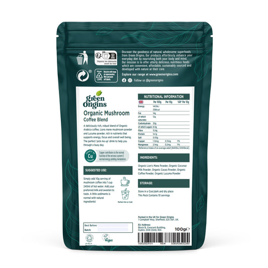 Green Origins Organic Mushroom Latte Blend with Lion's Mane & Coffee for Energy & Focus